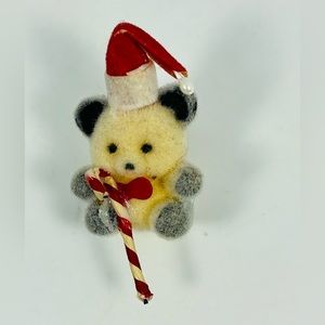 Vintage Christmas Flocked Fuzzy Bear Pin Lapel Holiday Santa Hat Candy Cane 2"